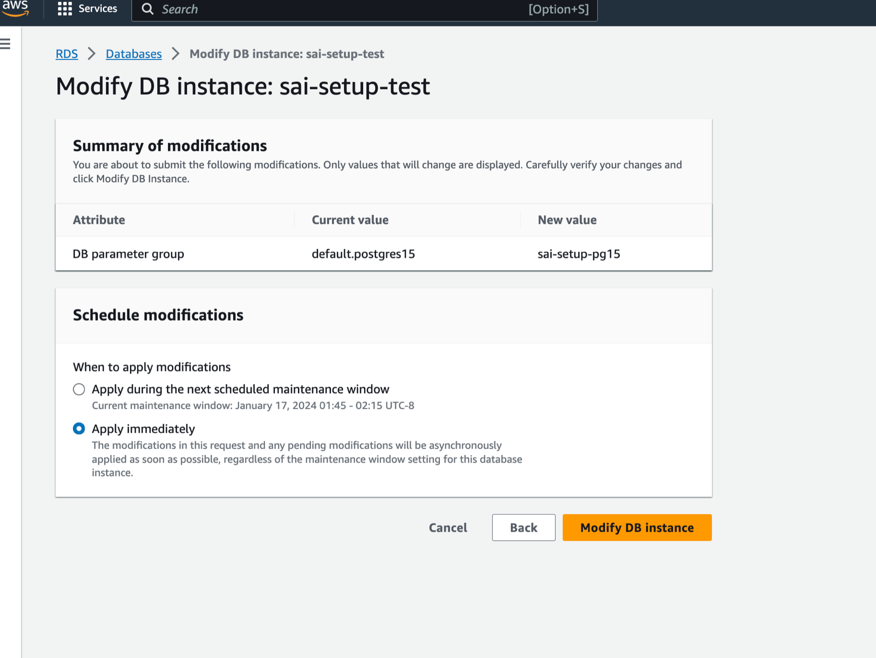 Modifying RDS Postgres with new parameter group - Zoomed