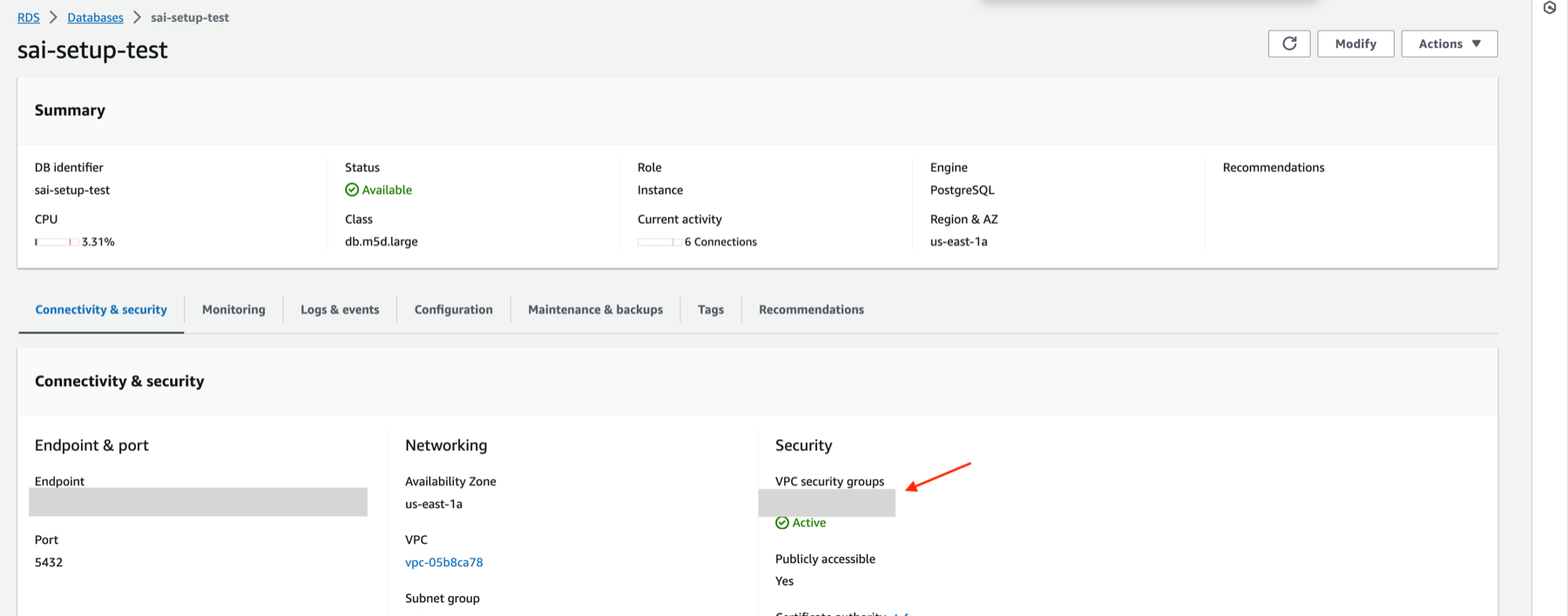 Where to find security group in RDS Postgres? - Zoomed