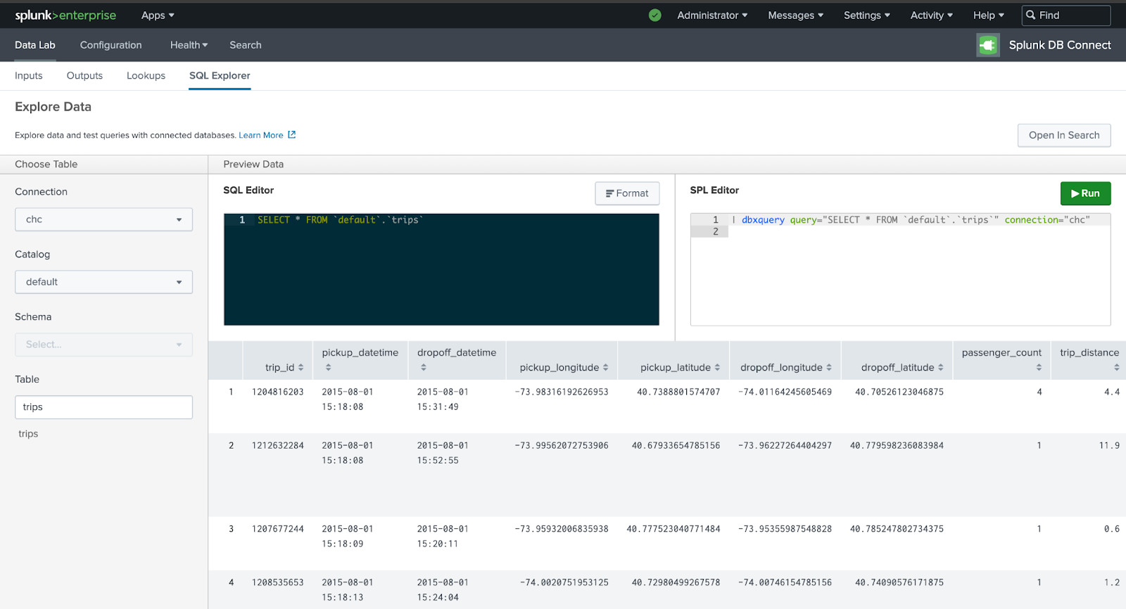 Splunk SQL Explorer selecting connection to ClickHouse - Zoomed